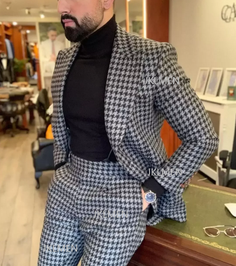 Formal Wear For Men In Wedding - Houndstooth Mens Suits 2PCS Wedding Tuxedos