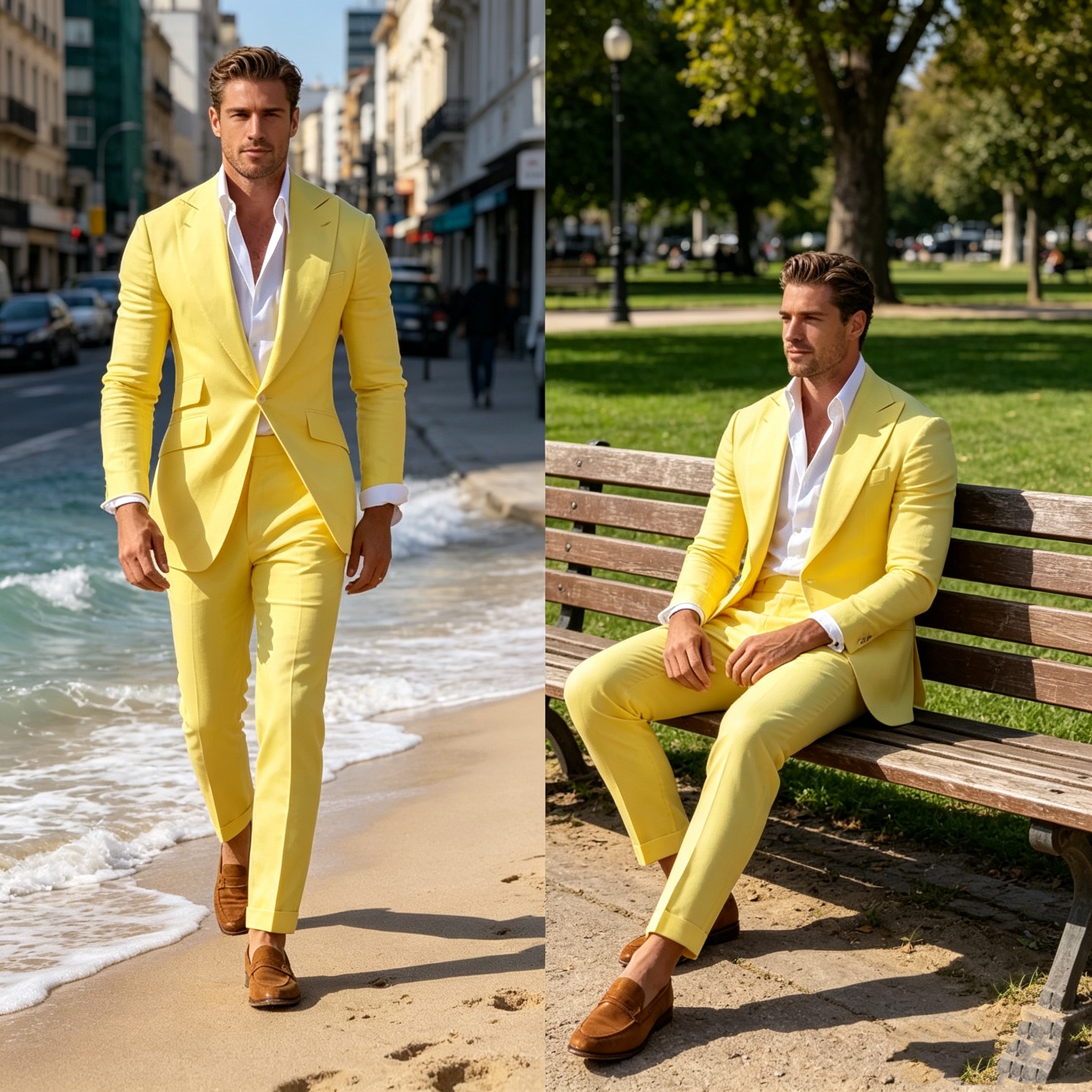 Slim Fit Yellow Men's 2-Piece  - Men Formal Wear Wedding のレビューと価格