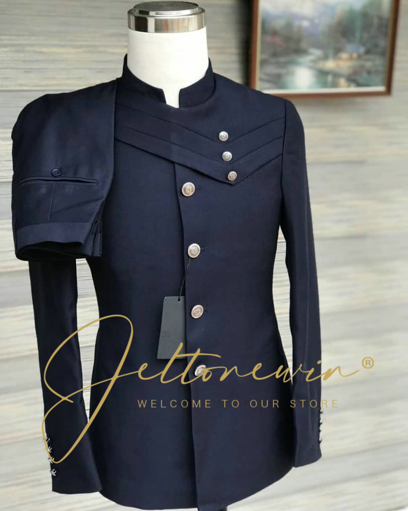 Men's Navy Blue Suit Set with  - Formal Wear For Men In Wedding のレビューと価格
