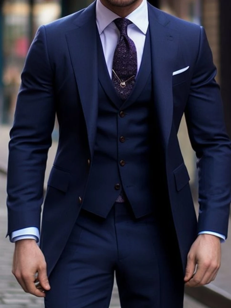 Navy Blue 3 Pieces Casual Male - Formal Wear For Men In Wedding のレビューと価格