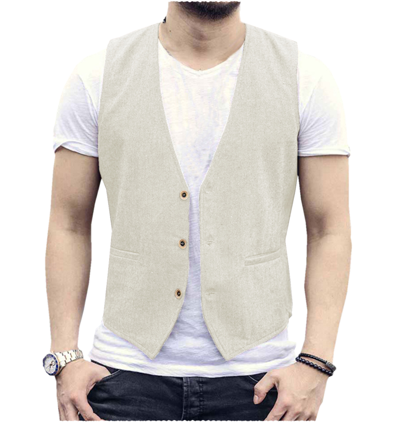 Linen Men Vest Wedding Groom S - Men Formal Wear Wedding のレビューと価格