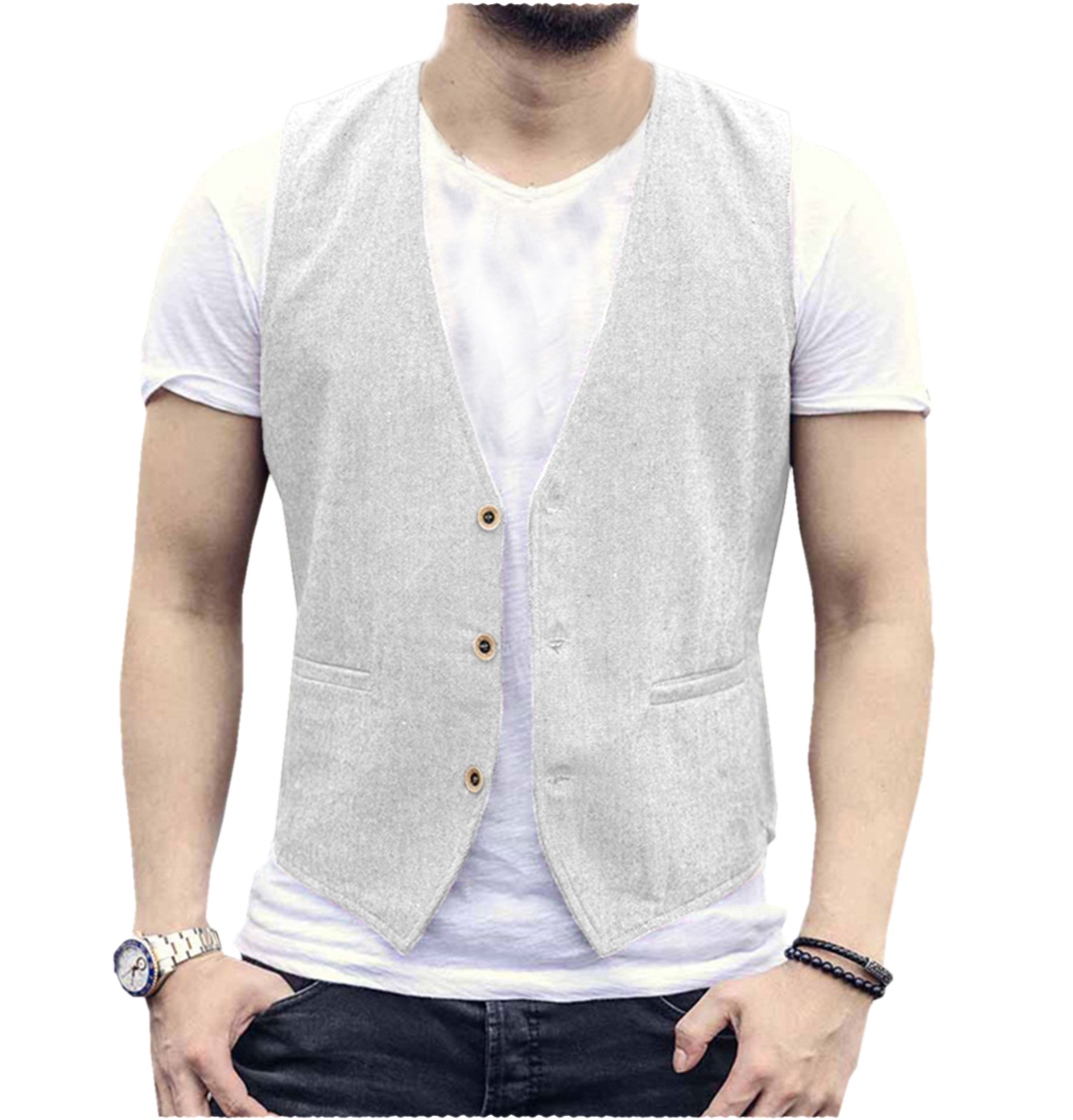 Linen Men Vest Wedding Groom S - Men Formal Wear Wedding のレビューと価格